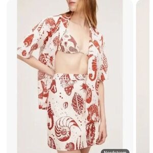 Rebecca Taylor Women's Sea Shore Red / Cream Linen A-Line Mini Skirt Size 12